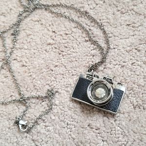 Long Camera Pendant Necklace, Black & Silver